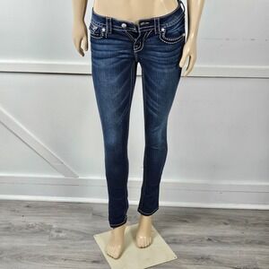Miss Me Y2K Signature Rise Skinny Jeans Dark Wash Rhinestone Fleur De Lis 27